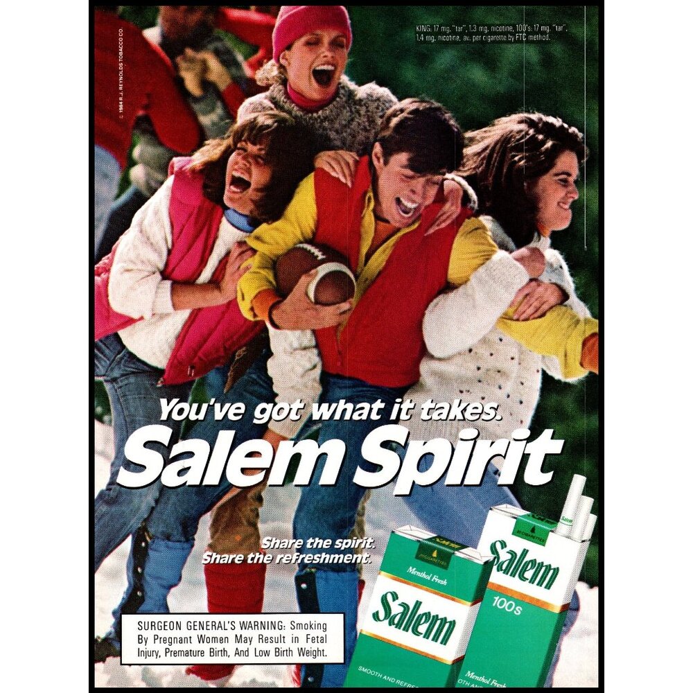 1986 Salem Cigarettes Vintage Print Ad Winter Sweaters Football 80s Wall Art